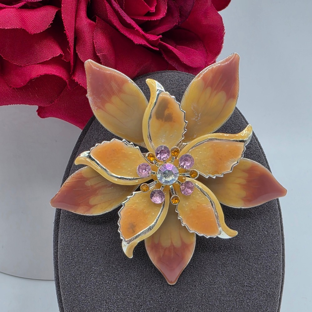 Vintage Style Orange Enamel Flower Brooch Pink Rhinestone Center Gold Tone J832